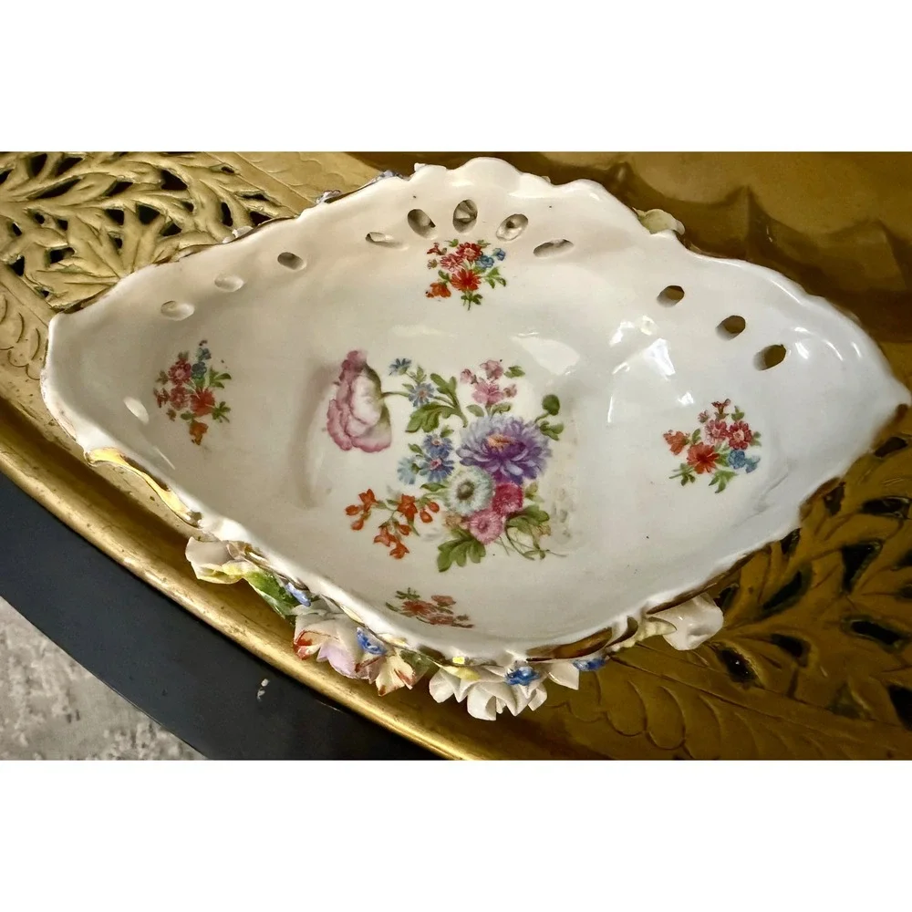 Vintage German Porcelain Reticulated Bowl Encrusted Flowers Gold Gilt Footed